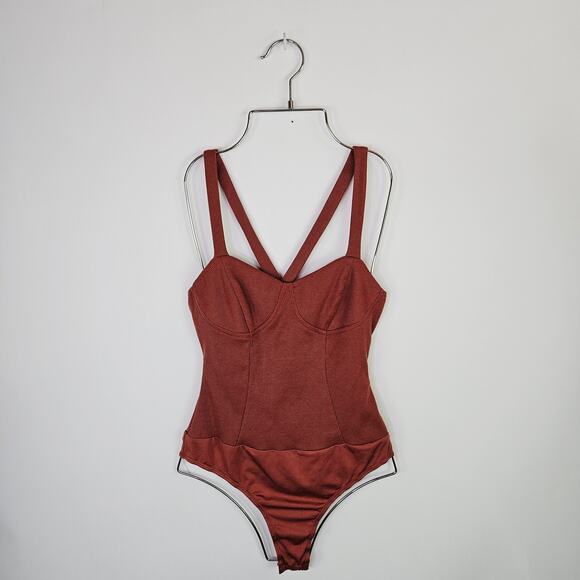 Lulus Bodysuit Medium Dusty Rose Pink Ribbed One Piece Cross Back Sleeveless - Picture 5 of 16